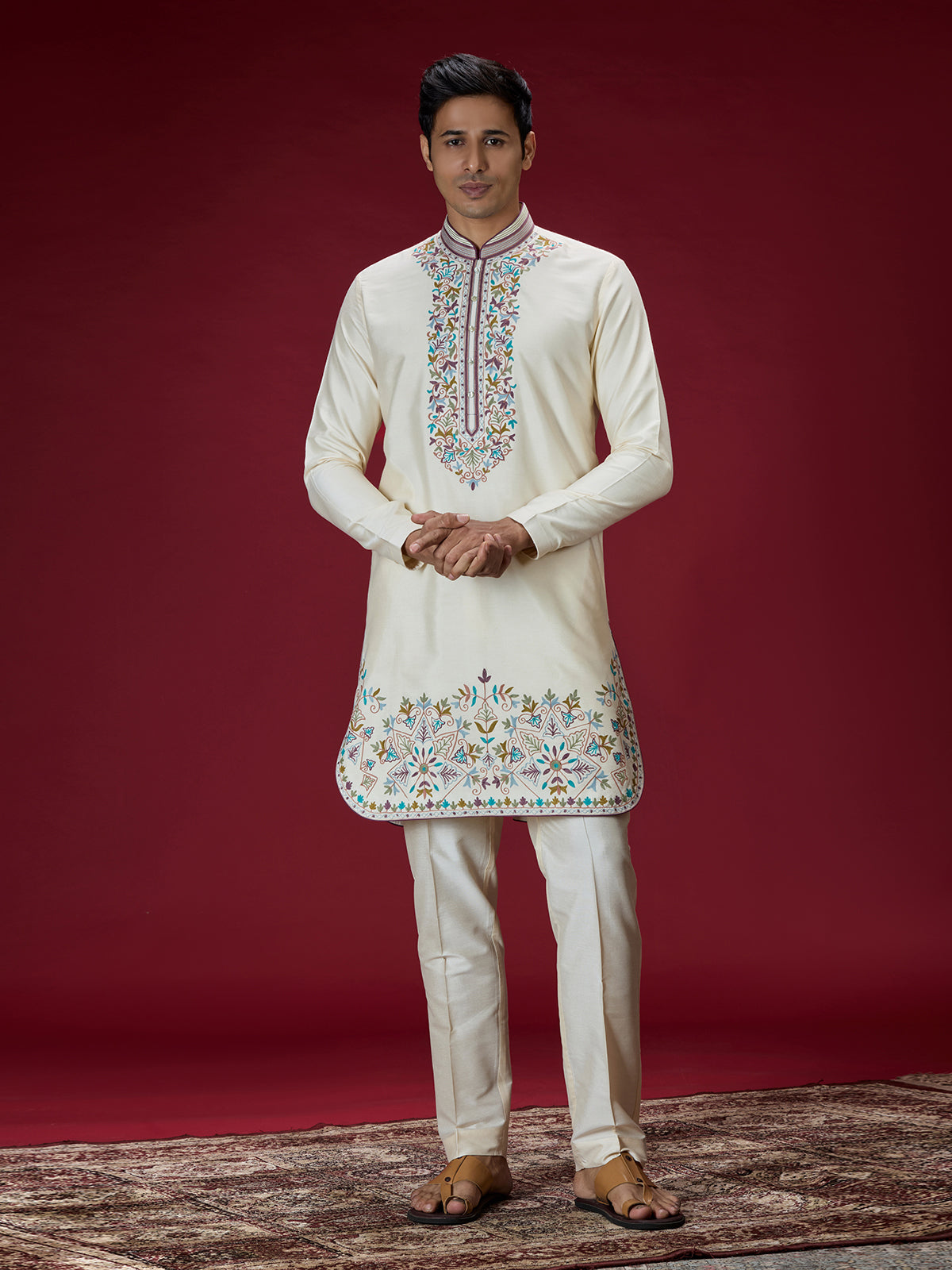 Cream persian floral mens kurta suit