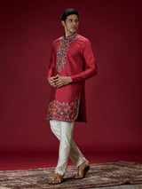 Deep maroon persian embroidered mens kurta suit