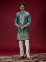 Green ornate embroidered mens kurta suit