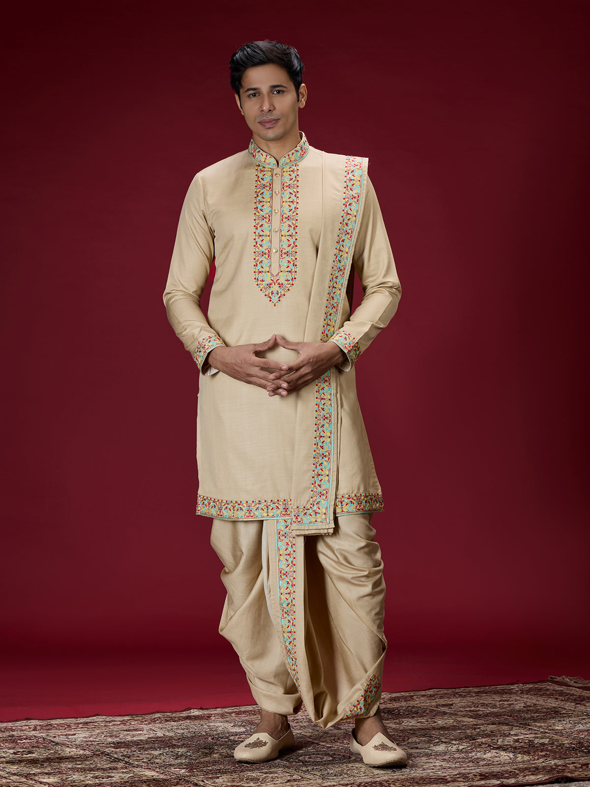 Beige kashmiri floral mens dhoti kurta suit