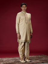Beige kashmiri floral mens dhoti kurta suit