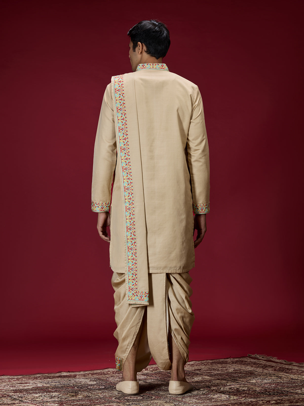 Beige kashmiri floral mens dhoti kurta suit