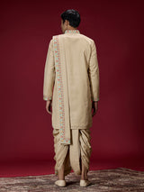 Beige kashmiri floral mens dhoti kurta suit