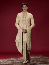 Beige kashmiri floral mens dhoti kurta suit