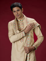 Beige kashmiri floral mens dhoti kurta suit