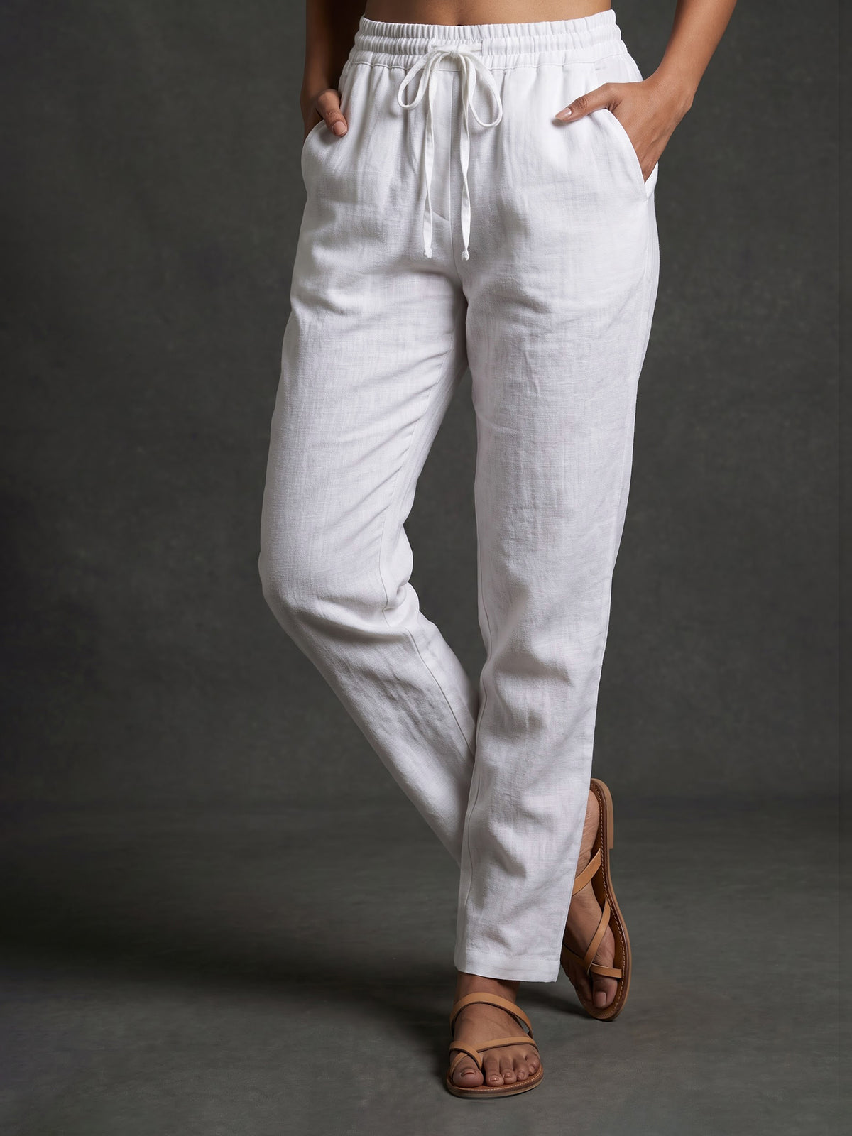 White cotton linen womens ankle pant