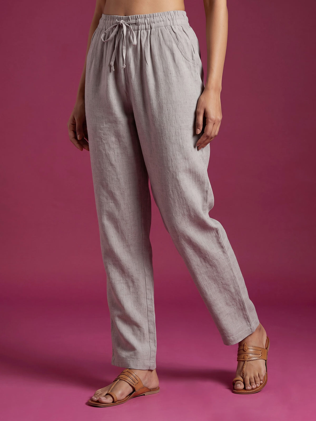 Beige cotton linen womens ankle pant