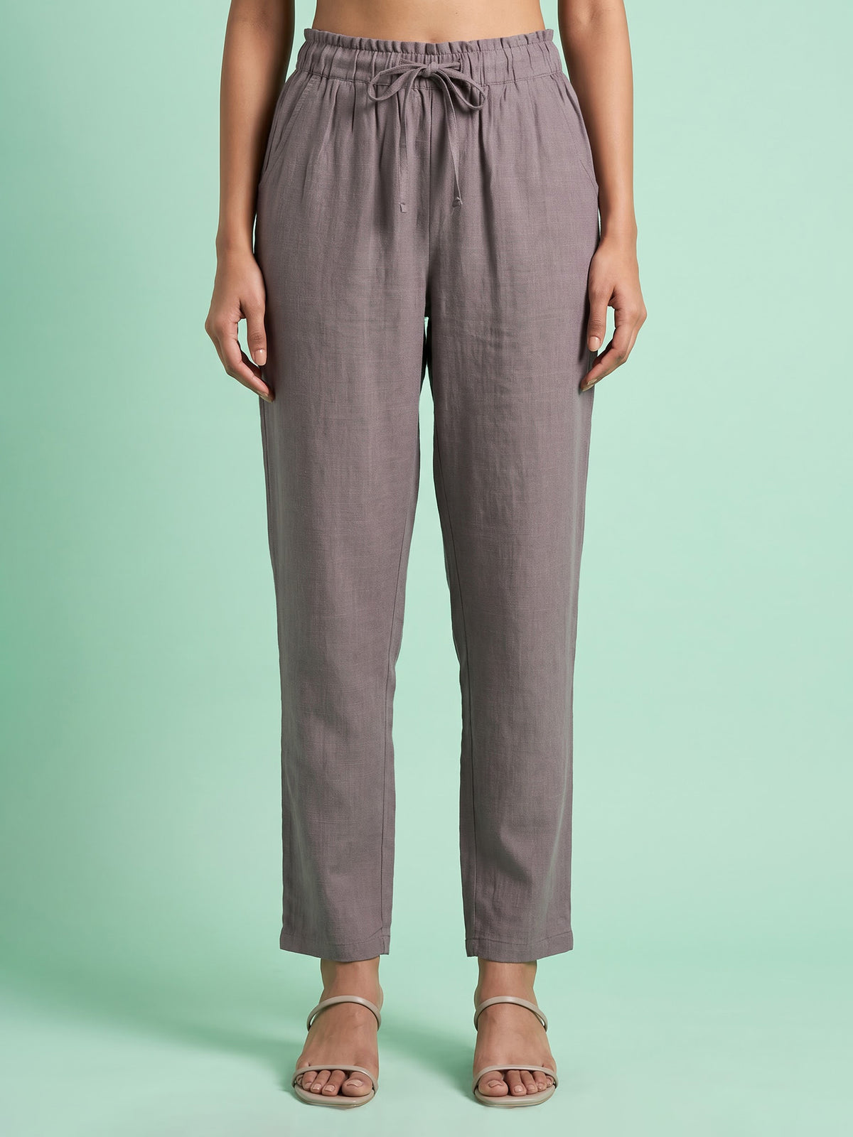 Khakhi brown cotton linen womens ankle pant