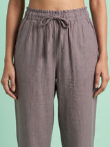 Khakhi brown cotton linen womens ankle pant