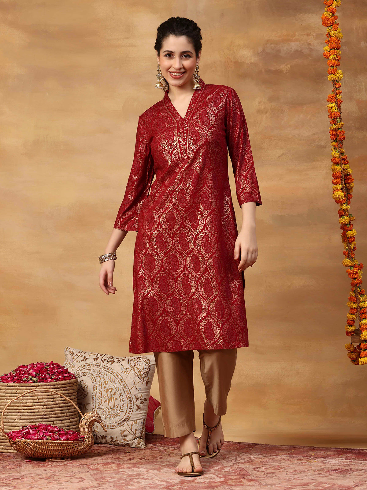 Red women kurti Persian paisley straight style