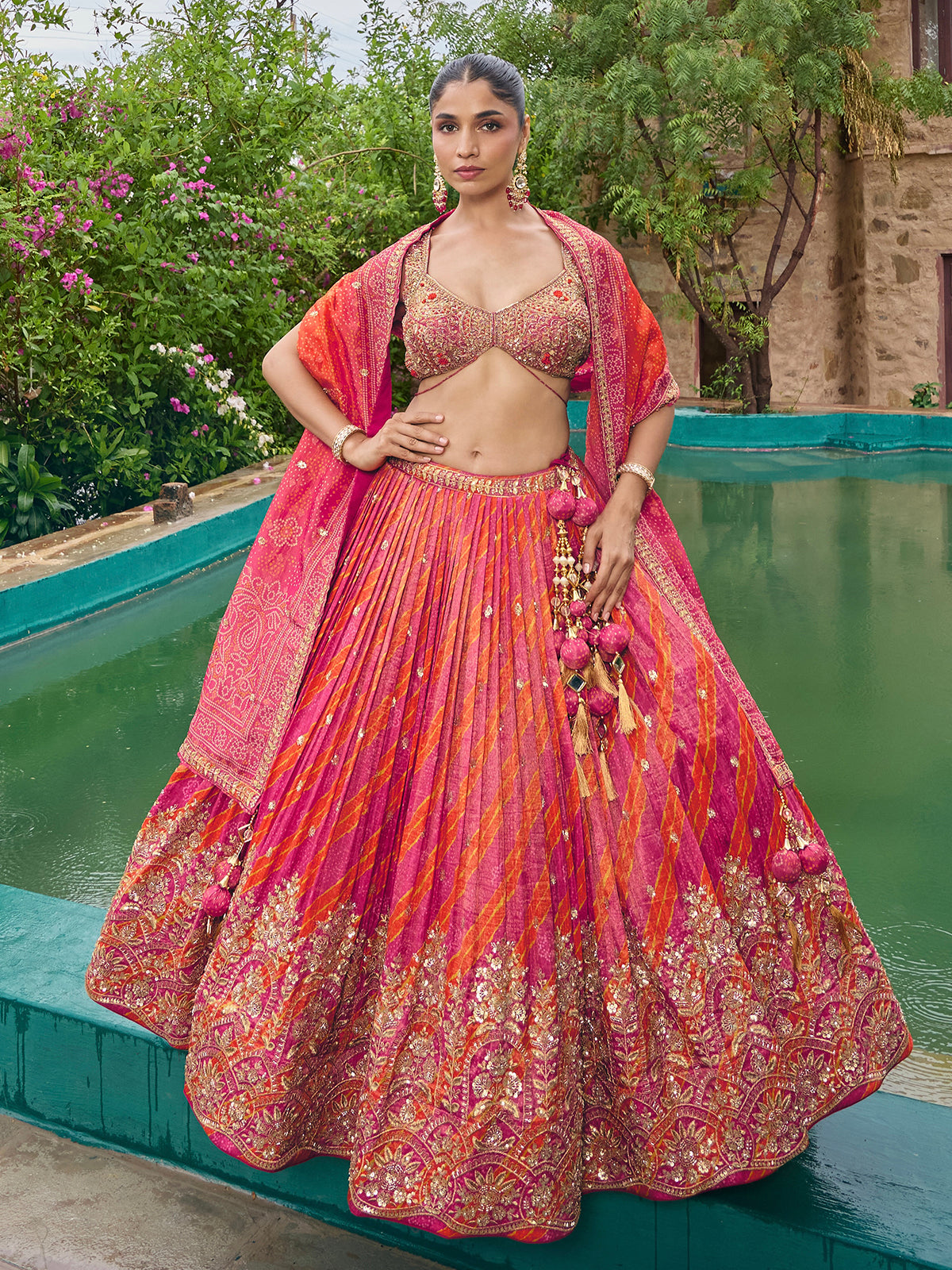 Rani pink silk lehenga choli with embellished dupatta