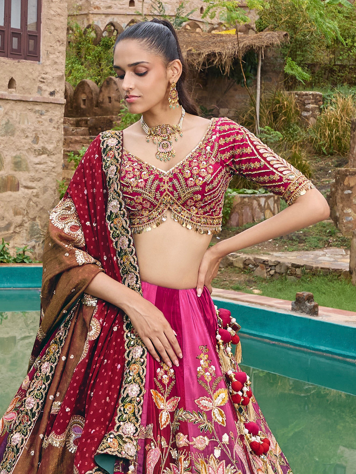 Multicolor silk lehenga choli with embellished dupatta