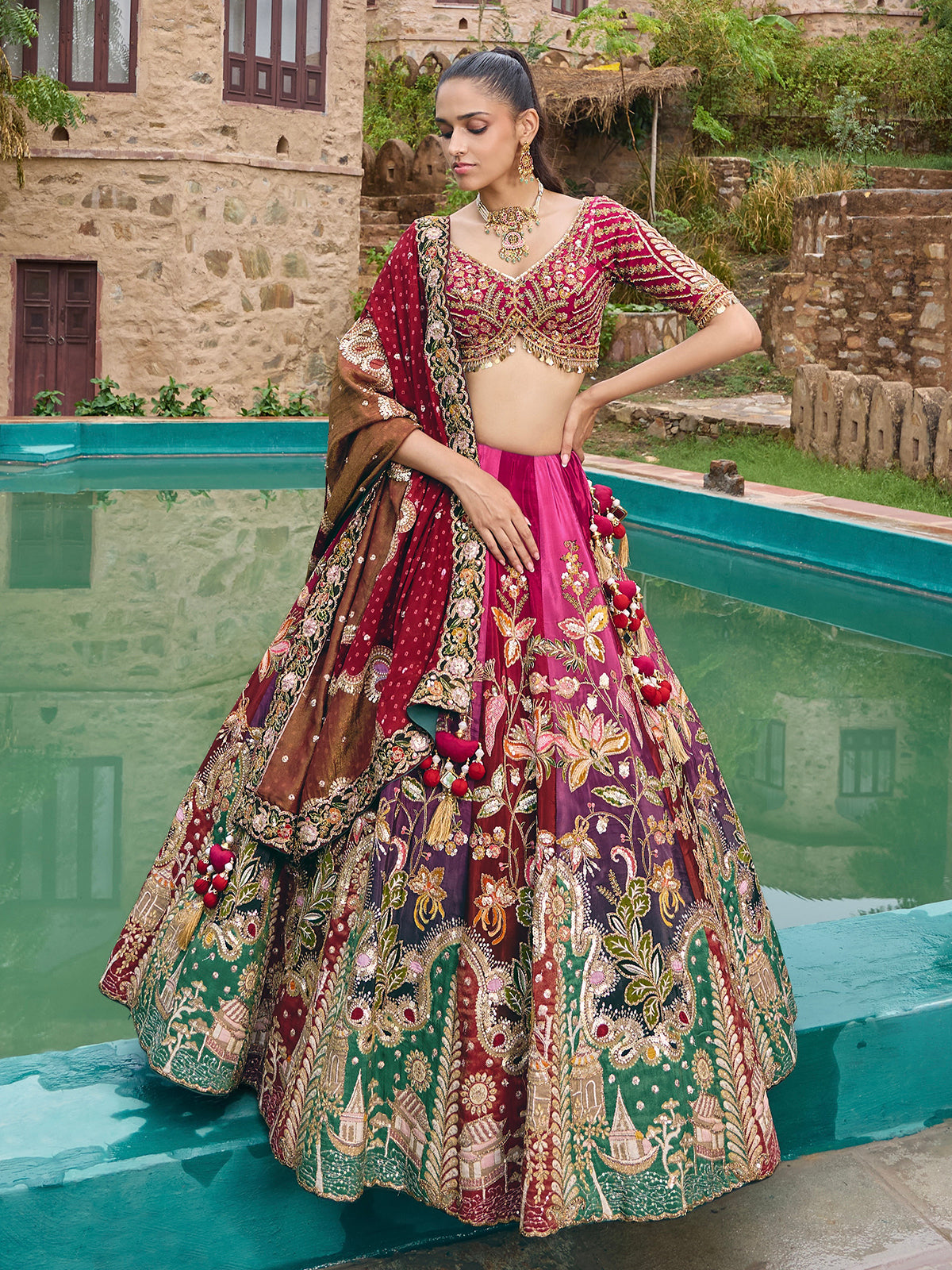 Multicolor silk lehenga choli with embellished dupatta