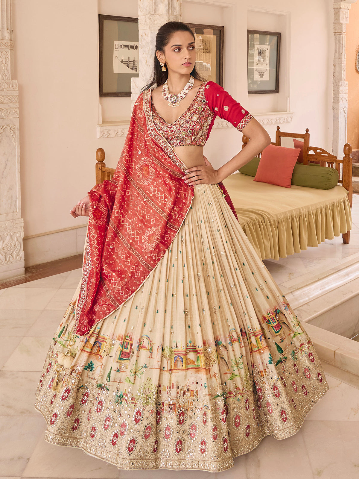Beige silk lehenga choli with art motif and contrast dupatta