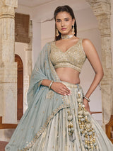 Mint blue silk lehenga choli with designer embellished dupatta