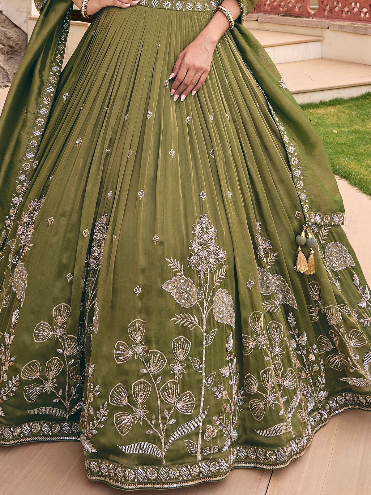 Mehendi green chiffon silk lehenga choli with embellished dupatta
