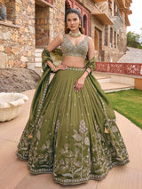 Mehendi green chiffon silk lehenga choli with embellished dupatta