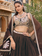 Dark brown soft silk lehenga choli with floral motif embellishments