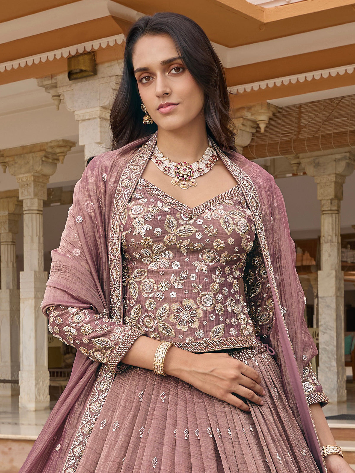 Onion pink chiffon silk lehenga choli with dupatta