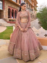 Onion pink chiffon silk lehenga choli with art motif detailing