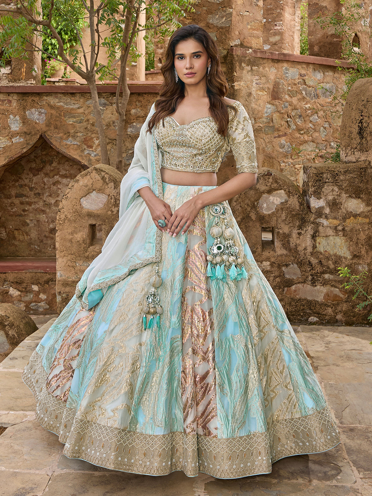 Sky blue tissue silk lehenga choli with embellished dupatta