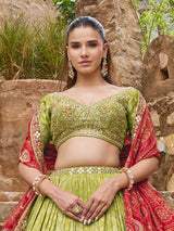 Light green silk lehenga choli with textured contrast printed dupatta