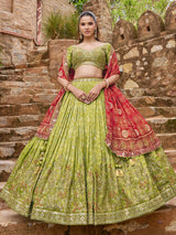 Light green silk lehenga choli with textured contrast printed dupatta
