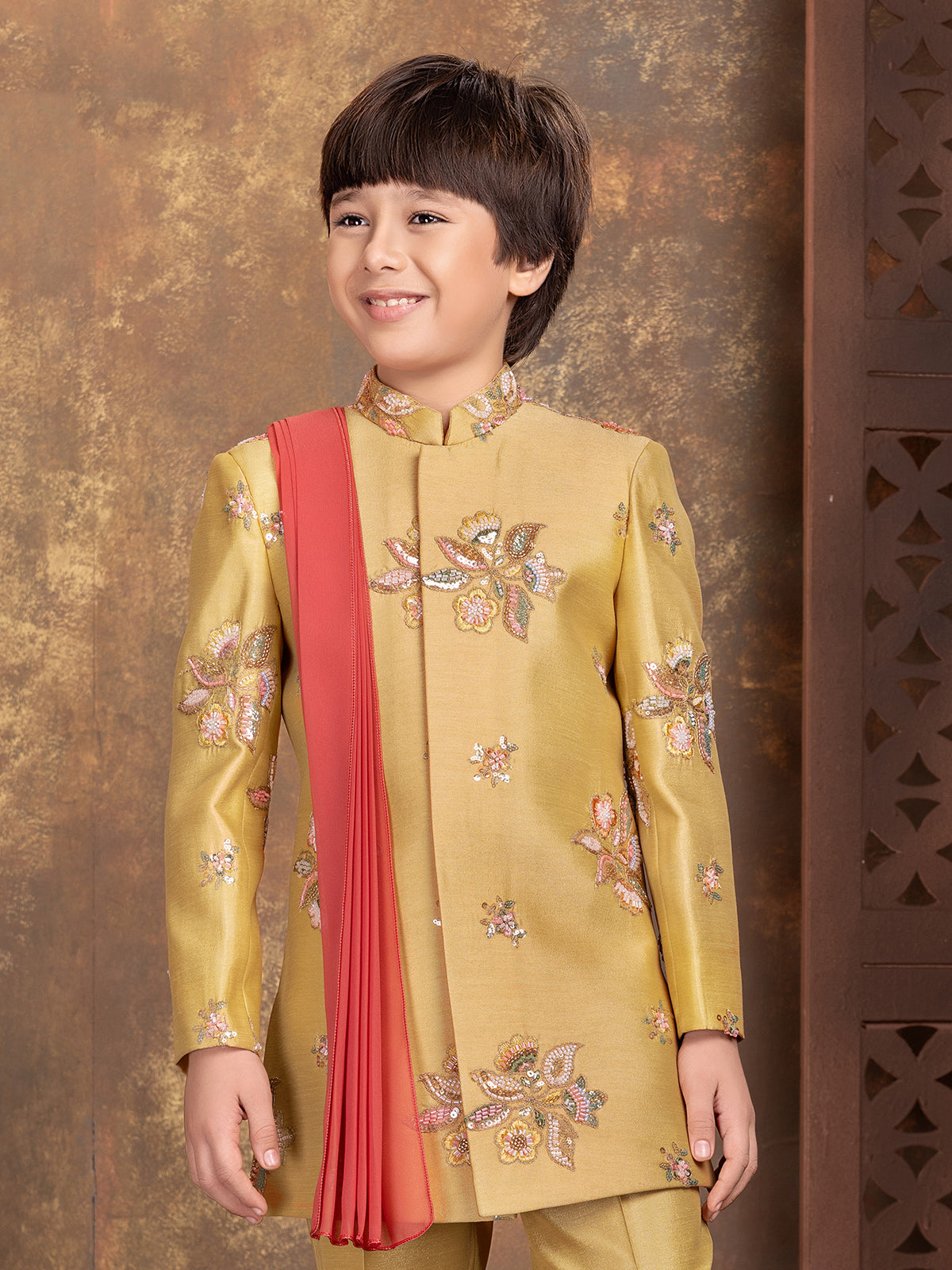 Mustard yellow floral boys indo western outfit