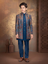 Navy blue jamawar boys indo western outfit