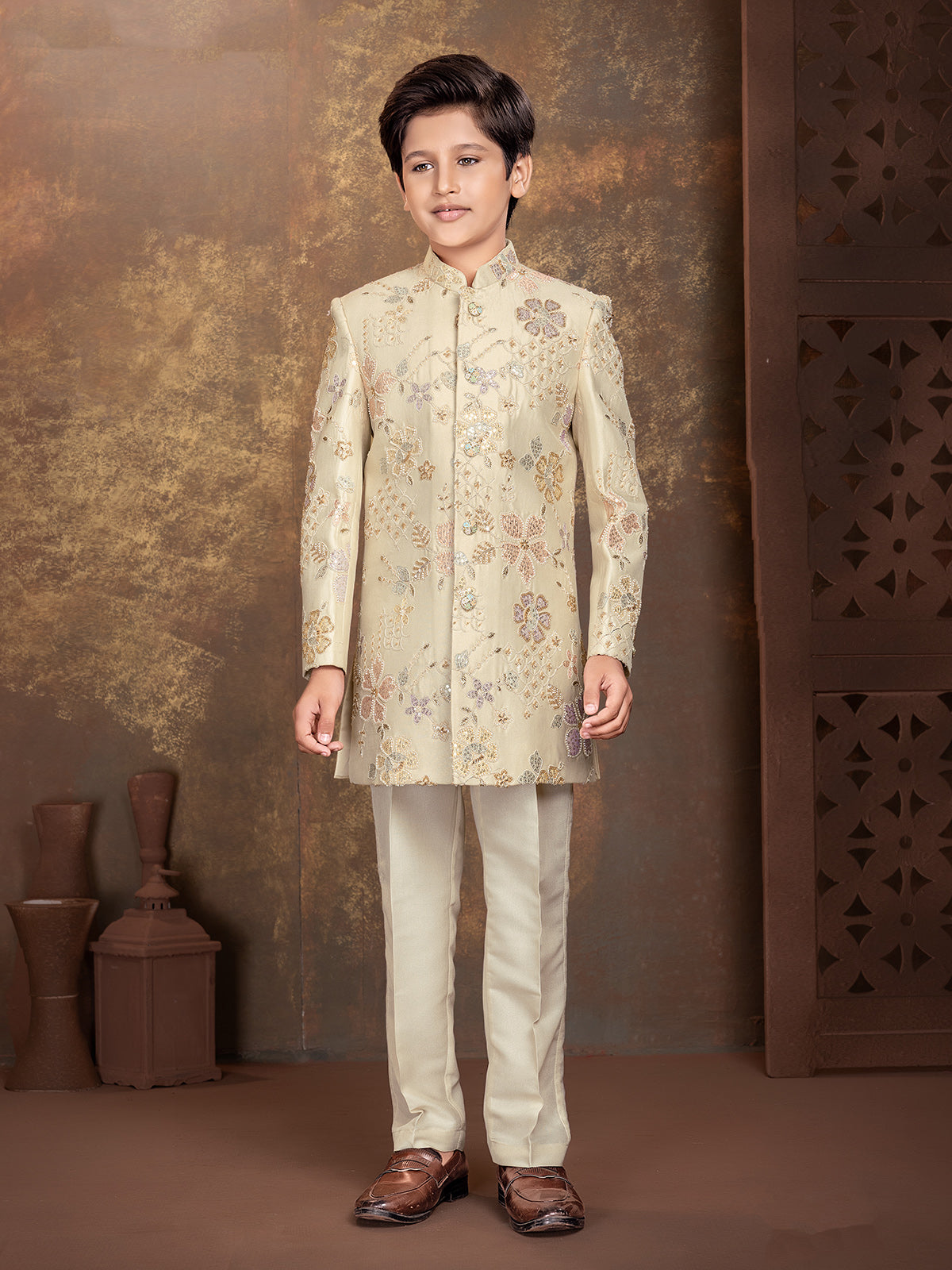 Elegant cream floral boys indo western ensemble