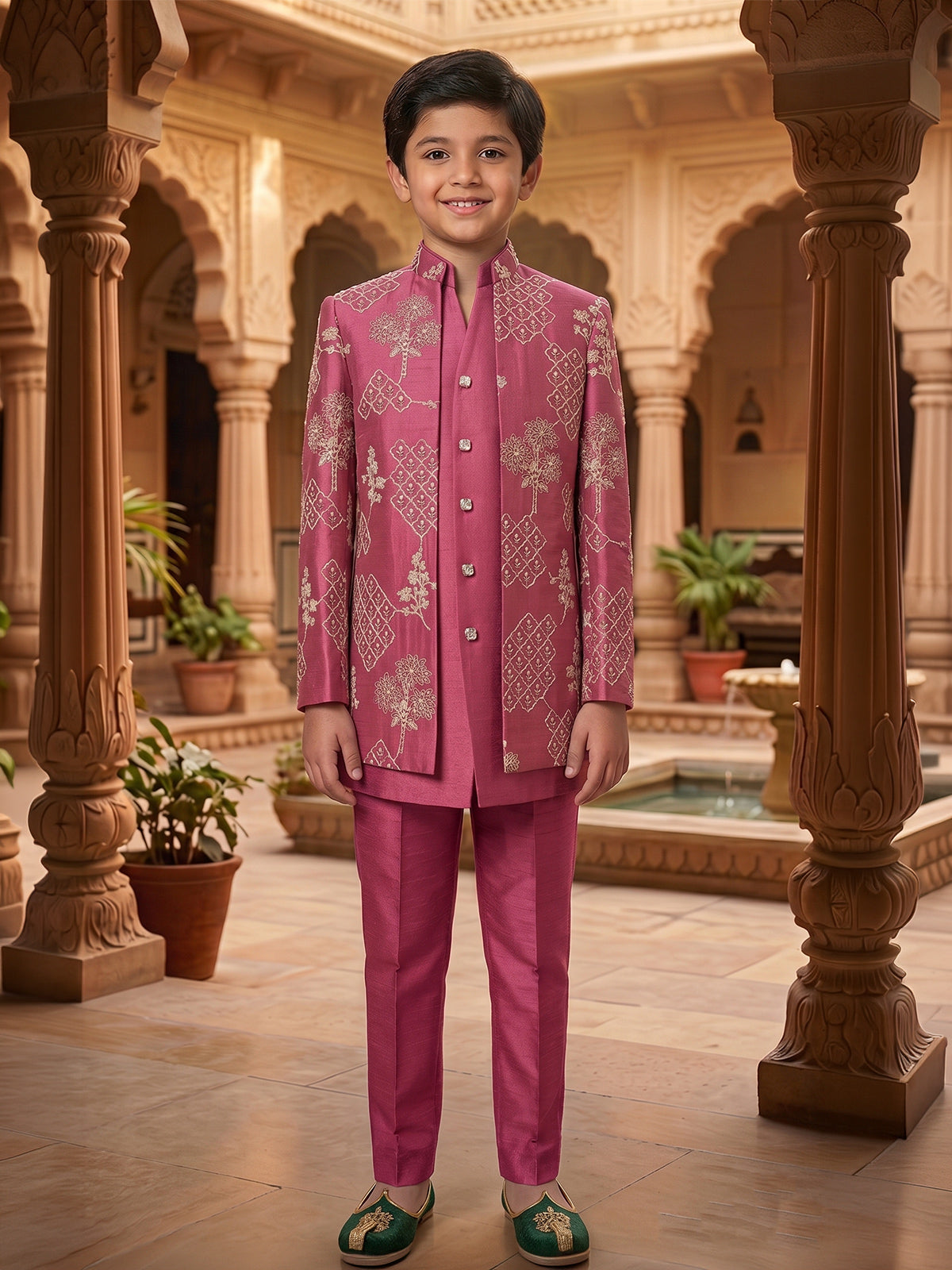 Magenta pink floral trellis boys indo western outfit