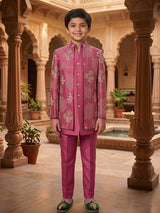 Magenta pink floral trellis boys indo western outfit