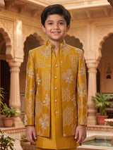 Mustard yellow trellis embroidered boys indo western outfit