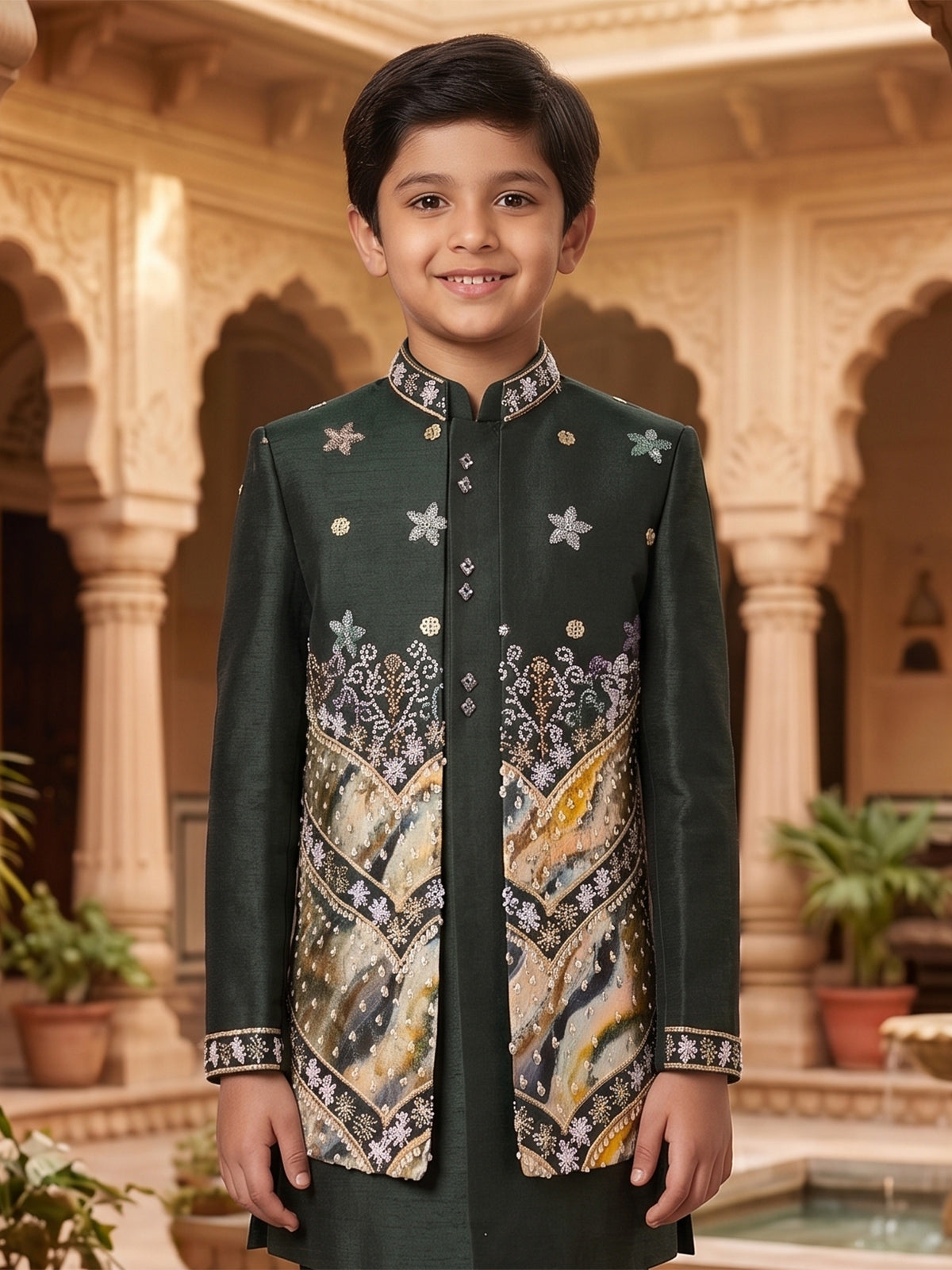 Bottle green printed chevron boys indo western outfit