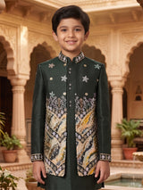 Bottle green printed chevron boys indo western outfit
