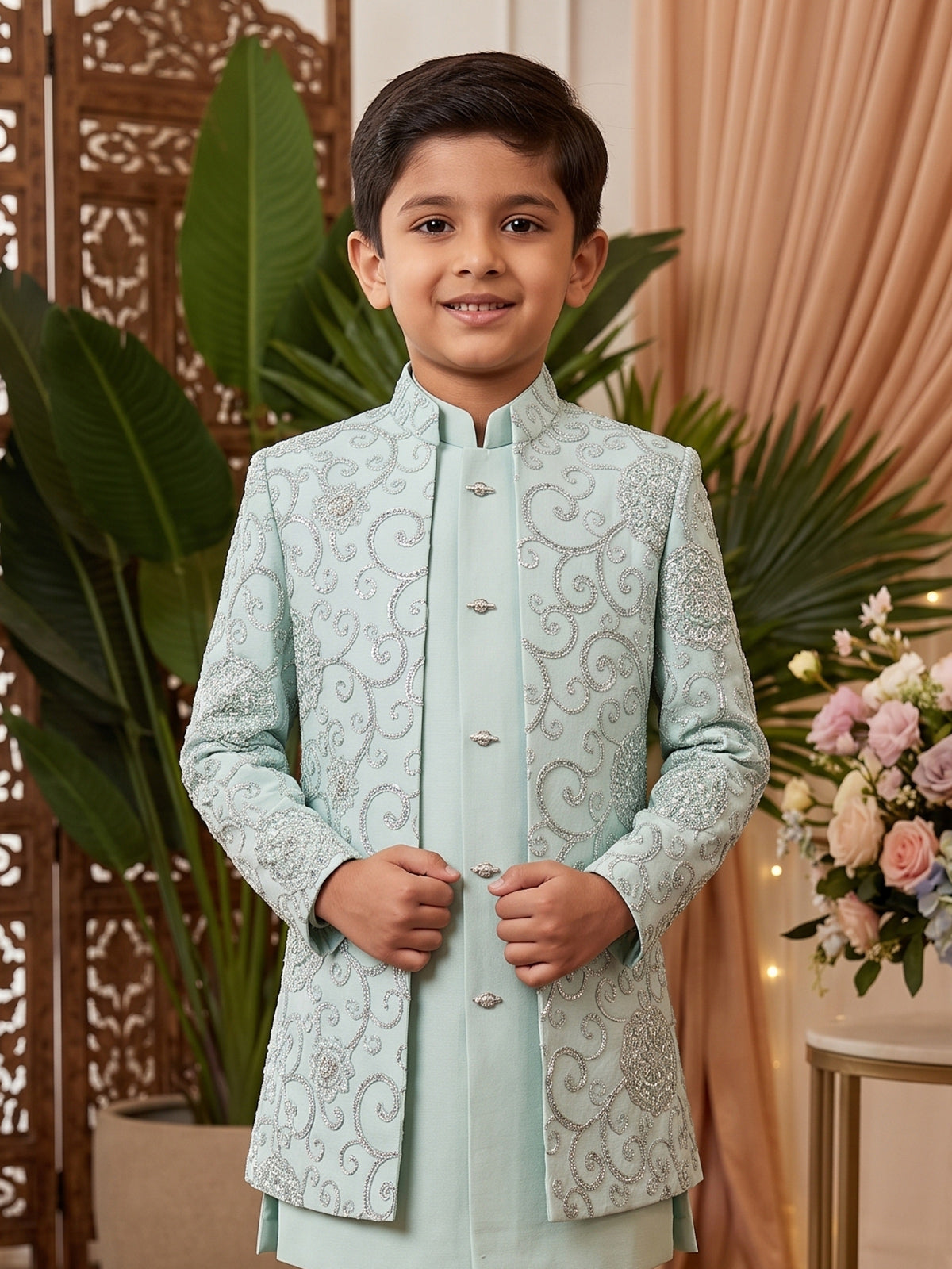 Mint blue embroidered boys indo western outfit