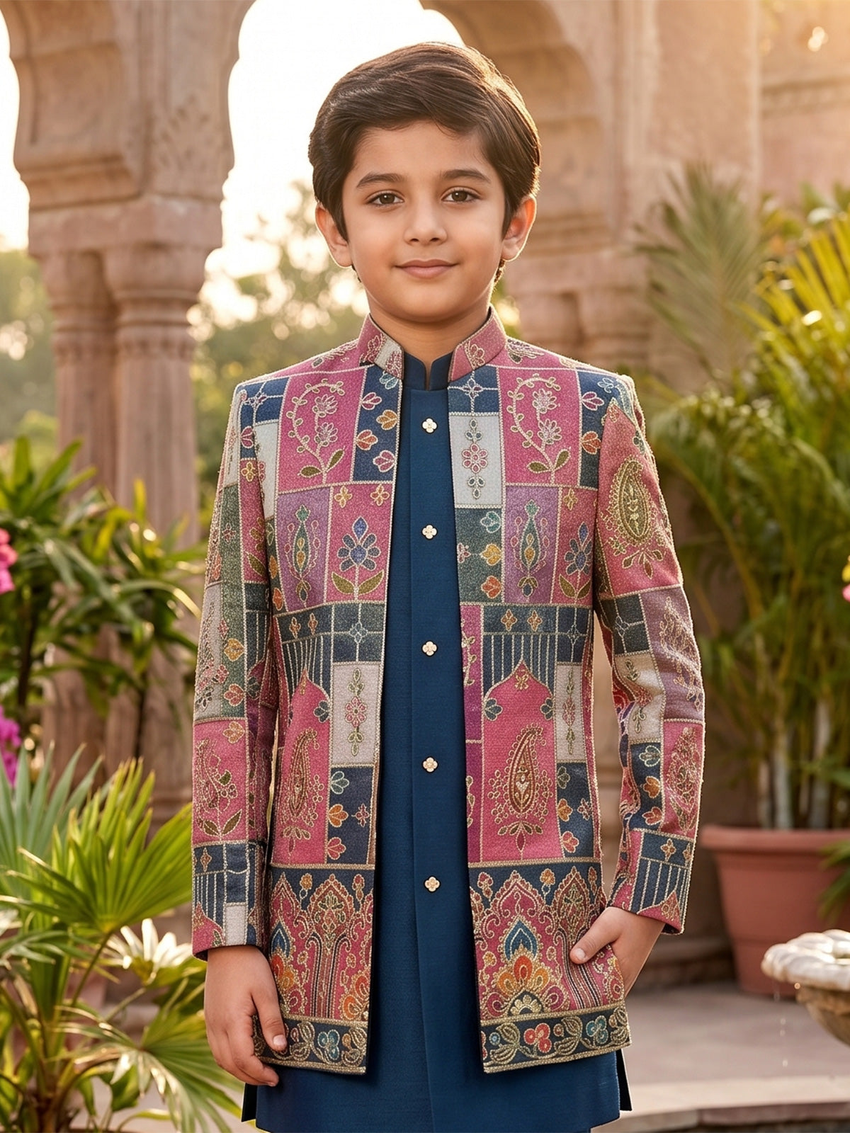 Teal blue mosaic boys indo western