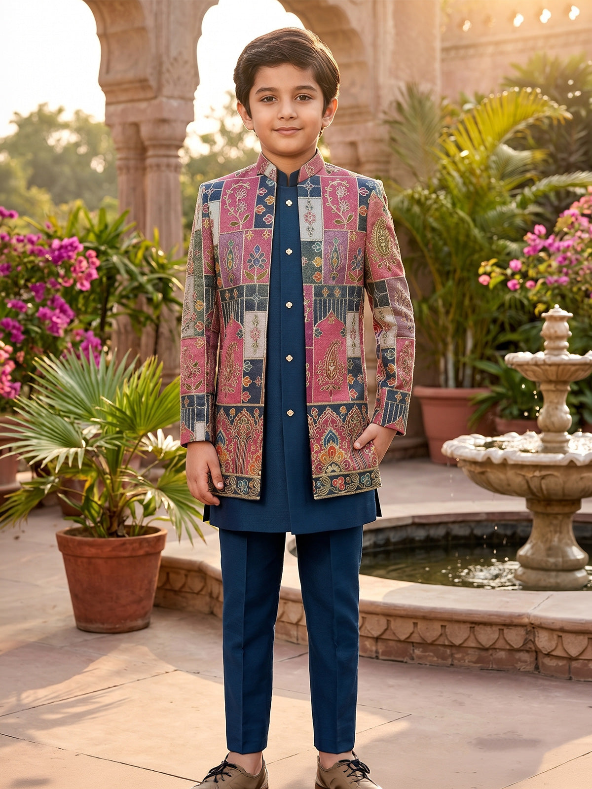 Teal blue mosaic boys indo western