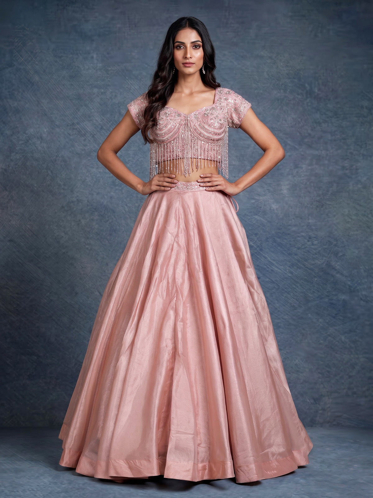 Pink crystal fringe women lehenga choli