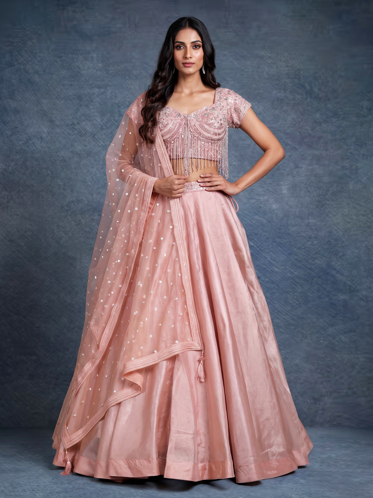 Pink crystal fringe women lehenga choli