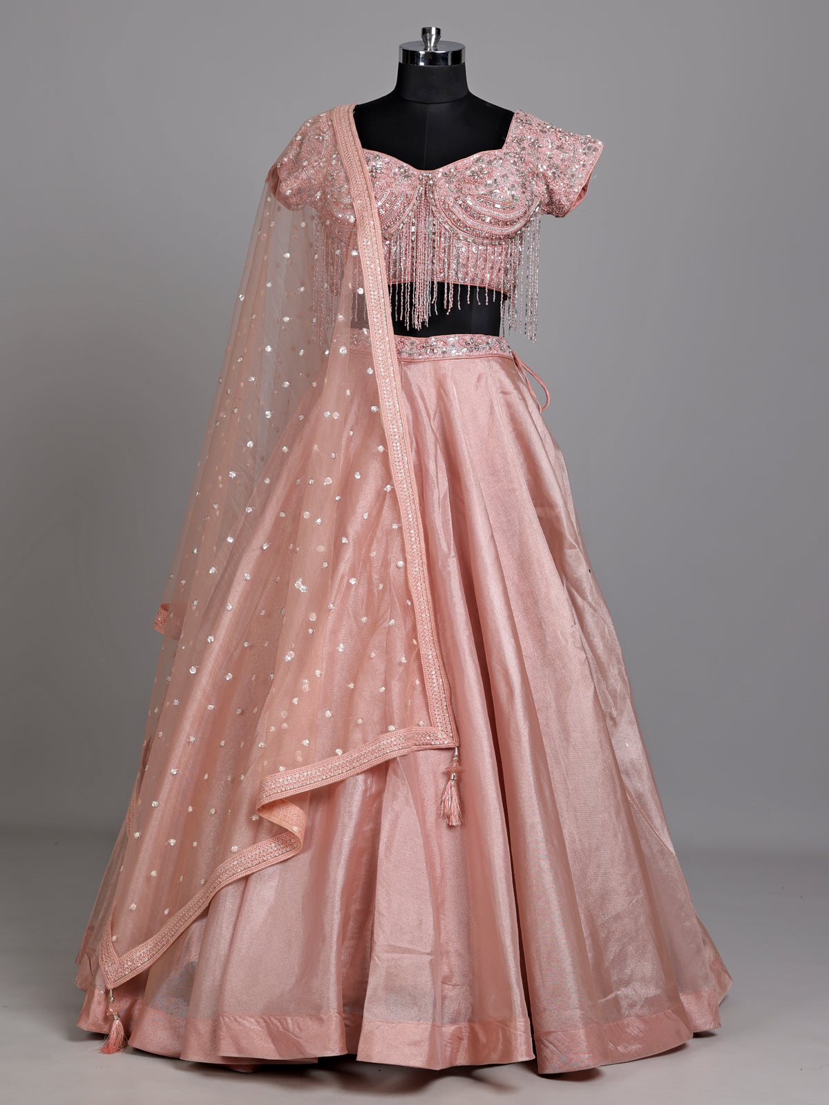 Pink crystal fringe women lehenga choli