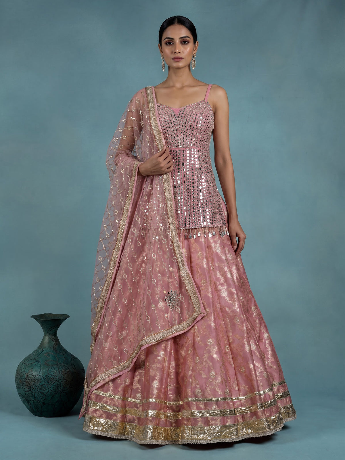 Pink mirror work women lehenga choli