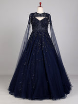 Midnight navy ball gown with embellished cape and flared skirt