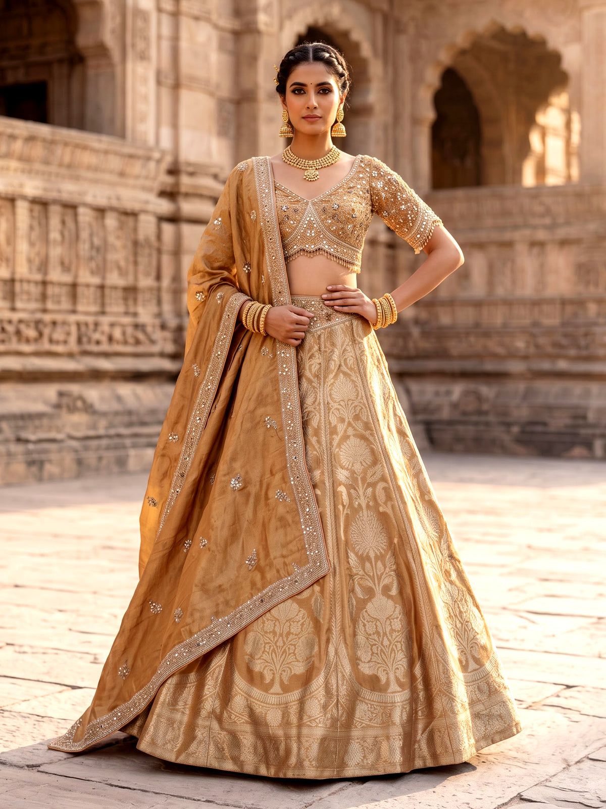 Antique gold banarasi silk lehenga choli with tissue silk dupatta