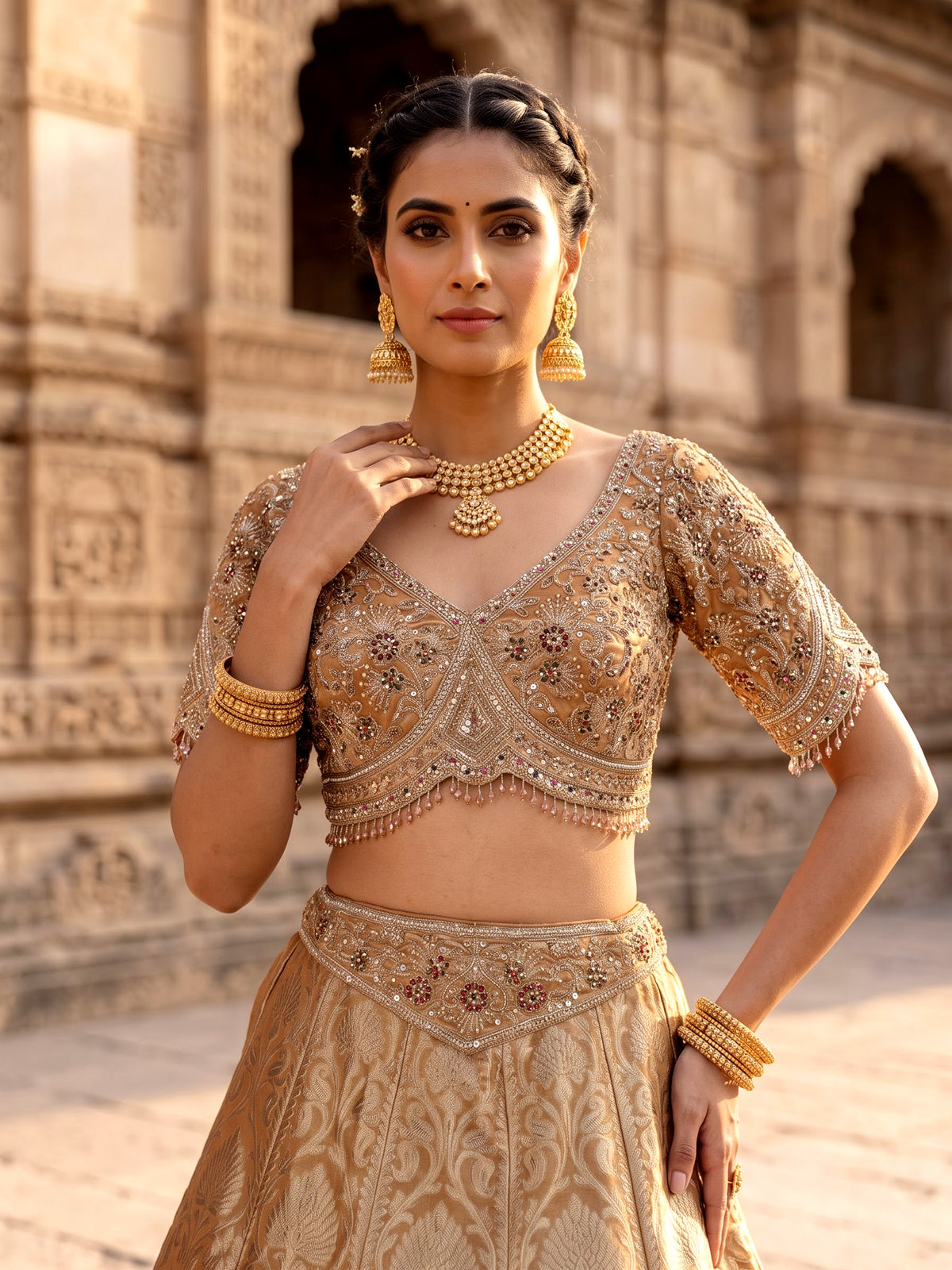 Antique gold banarasi silk lehenga choli with tissue silk dupatta