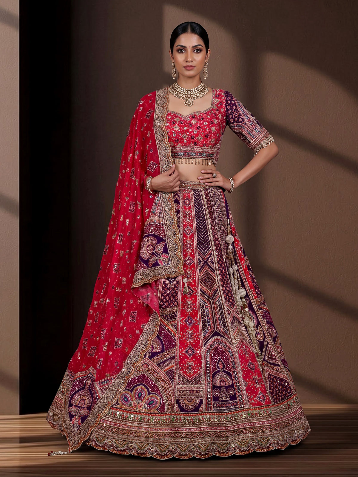 Rani pink purple lehenga choli with embroidered dupatta