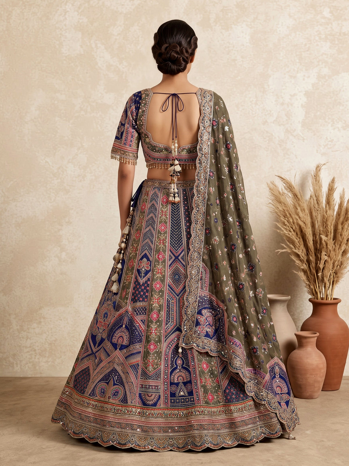 Blue olive lehenga choli with traditional bandhani inspired motifs