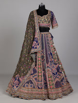 Blue olive lehenga choli with traditional bandhani inspired motifs