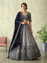 Silver grey lehenga choli with midnight blue dupatta