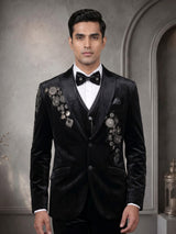 Black velvet tuxedo suit with crystal floral embellishments